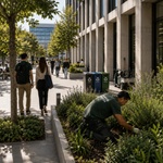 A vibrant urban scene with people walking along a tree-lined path and a gardener tending to plants.
