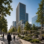 A bustling city street lined with modern skyscrapers and greenery.