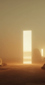 A surreal landscape featuring glowing monoliths surrounded by large rocks in a misty atmosphere.