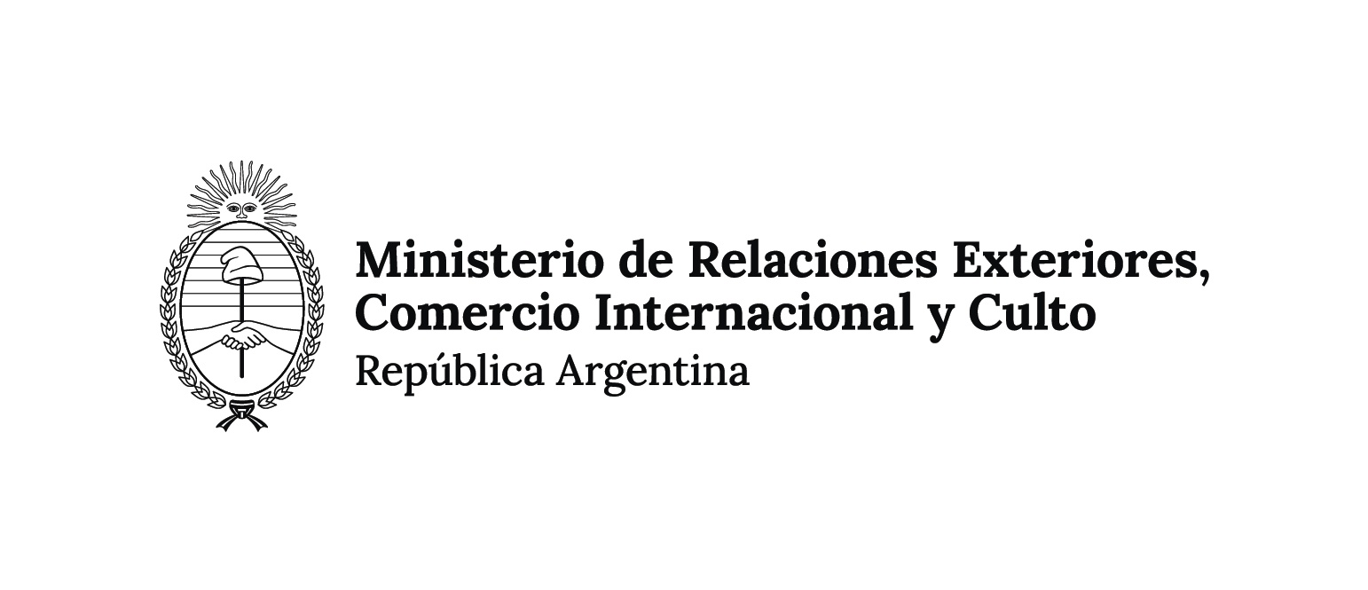 Logo of the Ministry of Foreign Affairs, International Trade and Worship of Argentina, featuring a symbolic sun emblem.