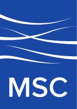 Logo of MSC with wavy white lines on a blue background