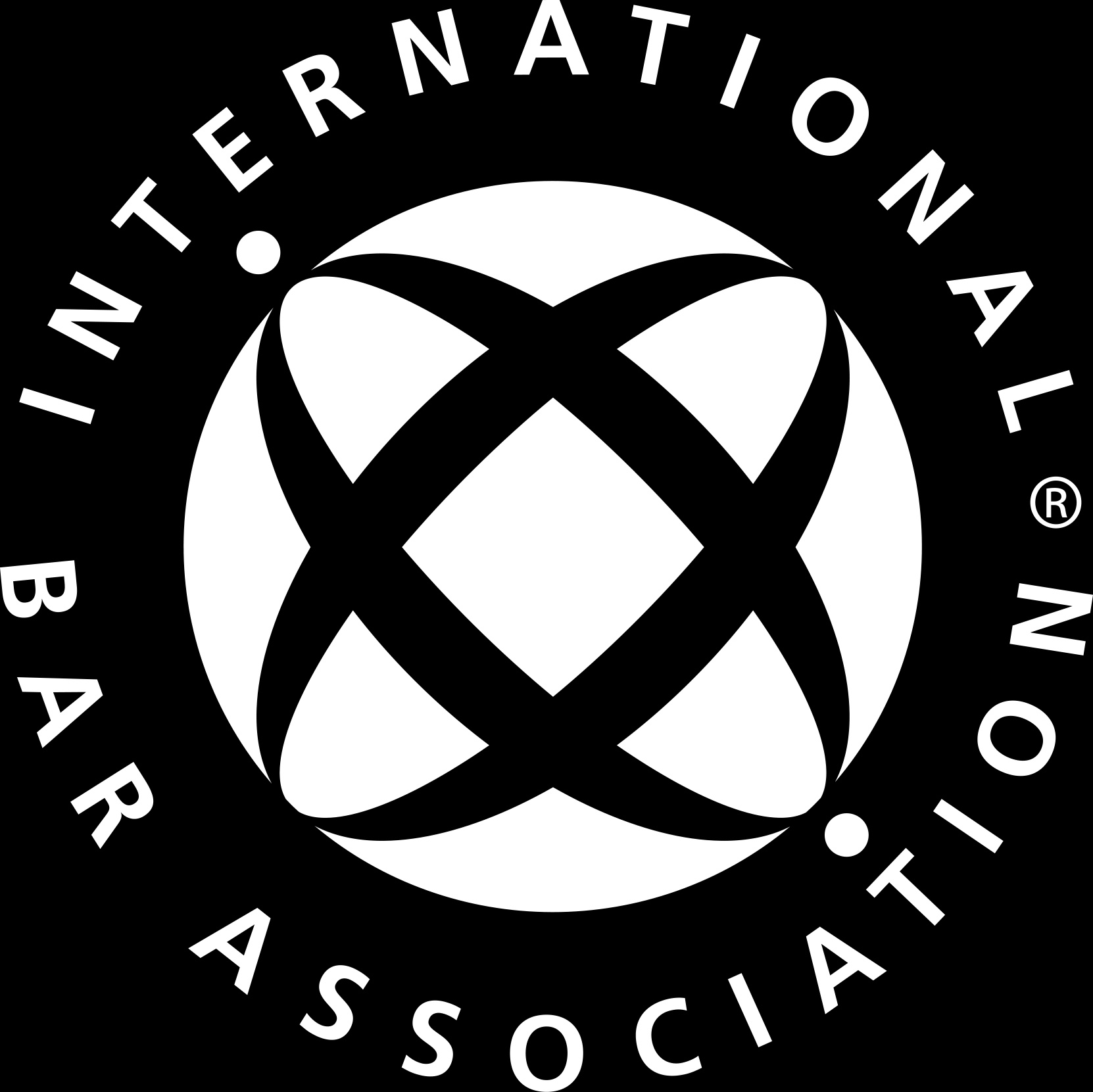 This image depicts the logo of the International Bar Association, featuring an atomic symbol enclosed in a circle with text.