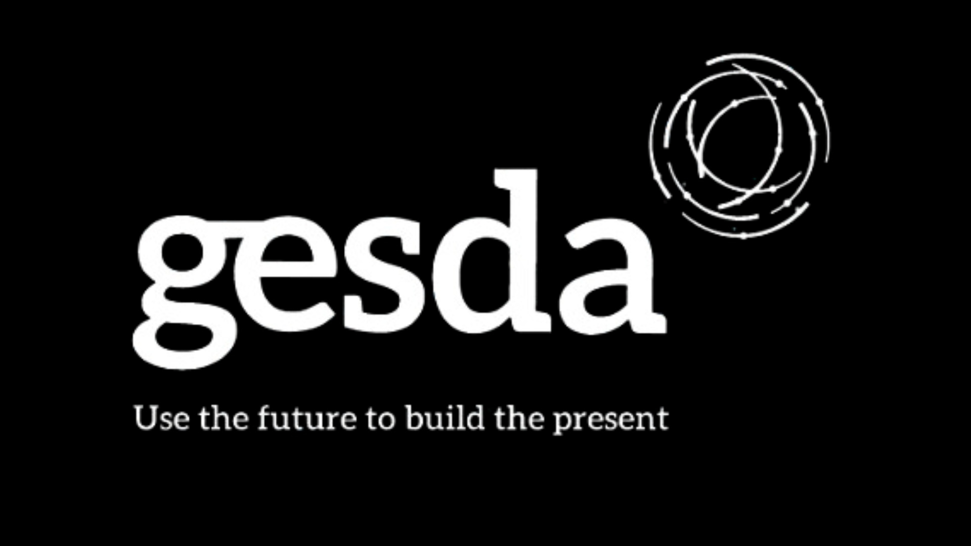 Black and white logo image for 'gesda', featuring the text 'Use the future to build the present' beneath the name.