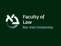 Logo of the Faculty of Law at Bar-Ilan University, featuring a stylized gavel forming a circular shape on a dark green background.