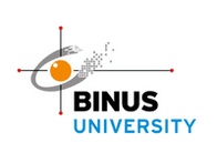 Logo of BINUS University featuring an abstract design with a central orange dot and dispersing elements.