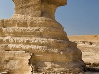 Photo of the Great Sphinx of Giza, a limestone statue with a lion's body and a human head, located in Egypt.