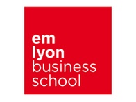 This is the logo of emlyon business school, featuring white text on a red background.