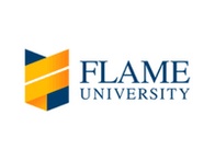 Logo of FLAME University, featuring a stylized flame in orange and blue next to the text 'FLAME UNIVERSITY'.