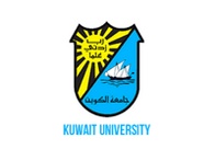 Logo of Kuwait University featuring a shield with stylized elements including a sun, text in Arabic, and a depiction of a sailing boat on water, all above the English name of the university.