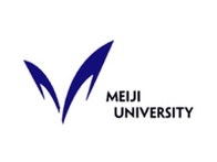 Logo of Meiji University featuring a stylized, abstract blue 'M' design.