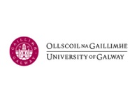 Logo of the University of Galway featuring a red and white color scheme and English and Irish text.