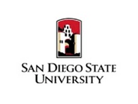 Logo of San Diego State University featuring a silhouette of a building and a person in a bell tower.