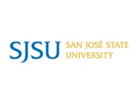 Logo of San José State University featuring stylized text 'SJSU' above the full name in blue and gold colors.