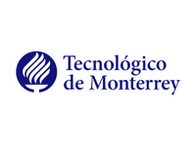 Logo of Tecnológico de Monterrey featuring an abstract design representing a book and stripes, in blue and white colors.