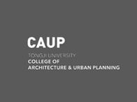 Logo of the College of Architecture and Urban Planning at Tongji University, featuring white text on a grey background.