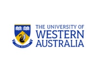 Logo of The University of Western Australia featuring a blue and gold shield with a black swan and a book.