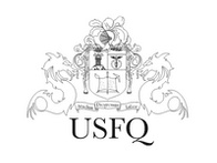 The image shows a detailed coat of arms featuring a central shield flanked by two dragons, adorned with floral designs and the acronym 'USFQ' at the bottom.