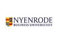 Logo of Nyenrode Business Universiteit featuring a colorful shield with vertical stripes and the name of the university.