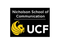 Logo of the Nicholson School of Communication at UCF featuring a stylized yellow and black design with a swirling icon.