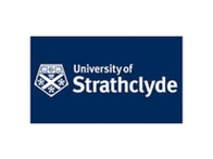 Logo of the University of Strathclyde featuring a shield with heraldic symbols and text on a blue background.