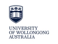 Logo of the University of Wollongong in Australia, featuring a shield with a book and floral elements.