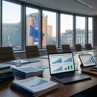 A modern conference room with laptops, documents, and European flags visible through large windows.