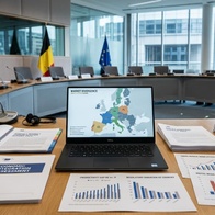 A conference room setup featuring a laptop displaying a European map, surrounded by documents and charts.