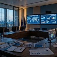 A modern conference room with large screens displaying global data and charts at night.