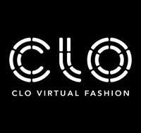 The image presents a white logo on a black background featuring the letters 'CLO' along with the phrase 'VIRTUAL FASHION' and two stylized circular symbols on each side.