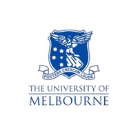 Logo of The University of Melbourne featuring a blue shield with stars and a bird, with text around the emblem.