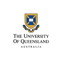 Logo of The University of Queensland, featuring a blue and gold shield with an open book and a banner stating the university's name and location in Australia.