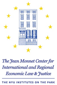 Promotional flyer for The Jean Monnet Center for International and Regional Economic Law & Justice at NYU, featuring a blue illustration of a building surrounded by stars.