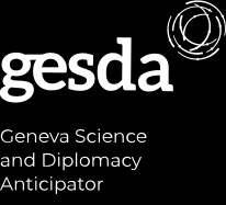 The image shows the logo of GESDA, which stands for Geneva Science and Diplomacy Anticipator, featuring stylized text and a circular emblem.