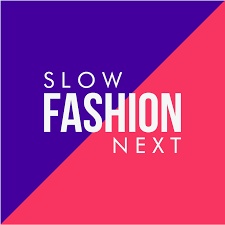 Logo of Slow Fashion Next with stylized text on a blue and red background.