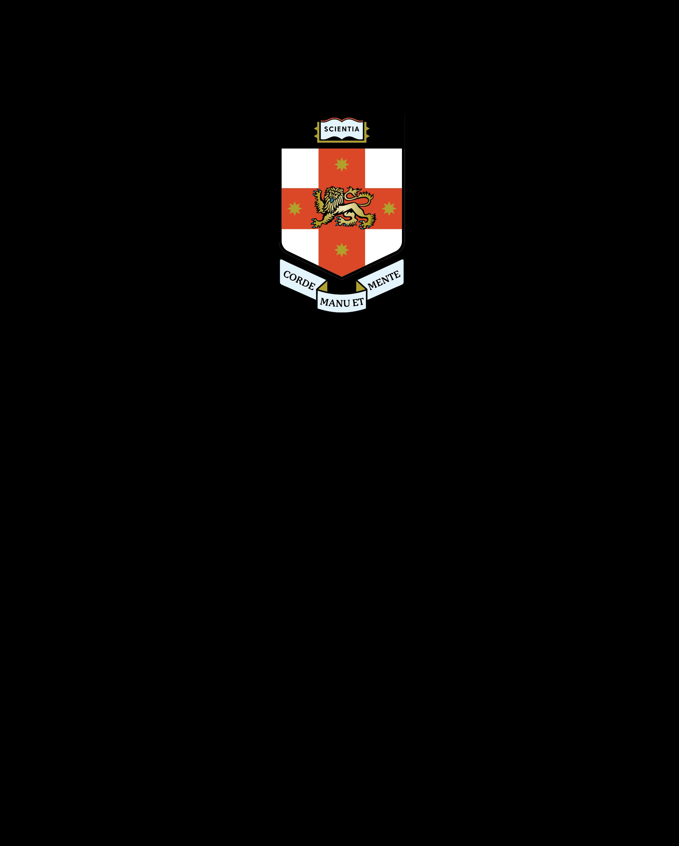 A crest featuring a red and green shield with a lion, two crossed keys, and a banner with the Latin words 'CORDE MANU ET MENTE'.