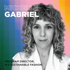 Black and white portrait of a woman with curly hair against a colorful striped background, with text stating her name and her title as Program Director, M.S. Sustainable Fashion.