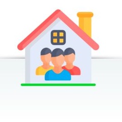 A graphic image of a house with three stylized people inside, representing a family home.