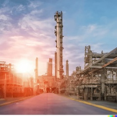 An industrial landscape featuring tall smokestacks and abandoned structures under a sunset.