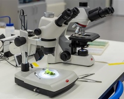 A laboratory setup featuring two microscopes on a white table.