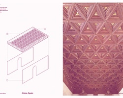 A detailed illustration of a wooden ceiling with intricate geometric patterns.