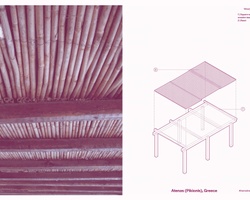 This image depicts a wooden ceiling made of bamboo and a corresponding architectural drawing of a structure.