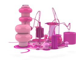 An abstract 3D composition of various interconnected pink objects on a white background.