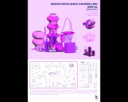 A promotional poster for the Design Excellence Awards 2023-24 featuring modern furniture in purple tones and a detailed architectural blueprint.
