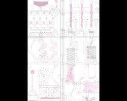 A collection of intricate architectural and decorative plans or drawings, presented in faded pink and white tones.