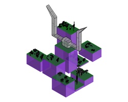 A 3D rendered model of a modular futuristic building with geometric shapes and green spaces.