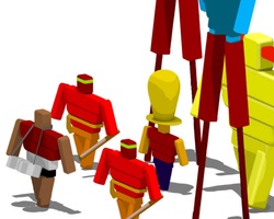 Illustration of small stylized people carrying school backpacks walking towards or accompanying a larger character.