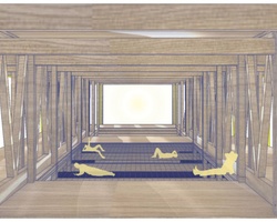 Architectural drawing of a modern indoor space with people engaging in various activities, featuring a central corridor flanked by wooden columns and bright window sections.