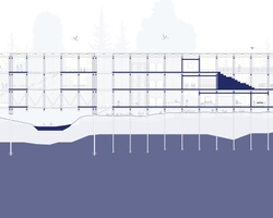 Architectural blueprint of a long building section with depth illustrations and surrounding vegetation in a monochrome style.