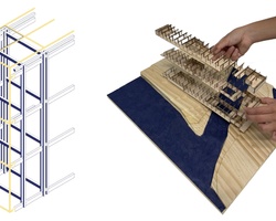 A conceptual rendering of a steel structure beside a hand assembling a wooden model of the same structure.