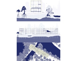 A stylized architectural blueprint showing multiple layers and views of a planned building and surrounding landscape.